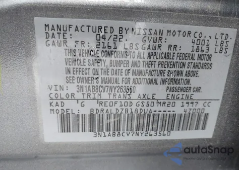 2022 Nissan Sentra Sv Xtronic Cvt from USA, damaged, VIN 3N1AB8CV7NY263560
